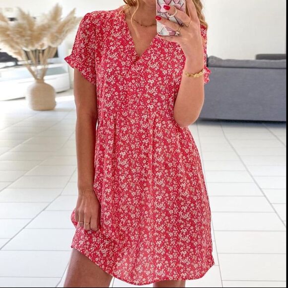 Private Label Dresses & Skirts - Summer Floral Red Lightweight Mini Shift Dress, Medium